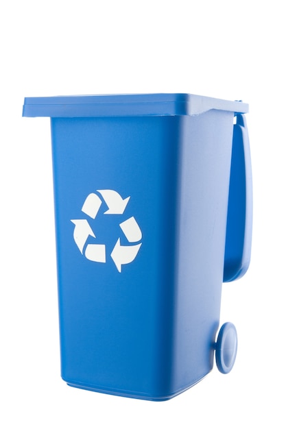 Plastic blue trash can isolated on white background