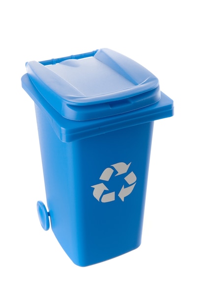 Plastic blue trash can isolated on white background