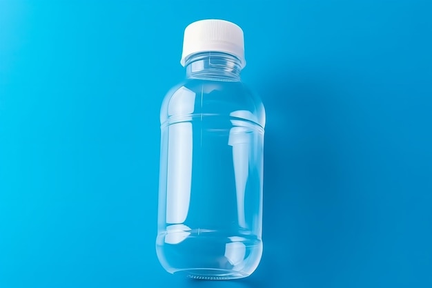 Пластиковая бутылка на синем фоне под высоким углом