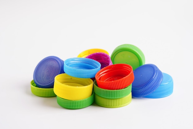 Plastic bottle caps colorful for recycle on white background