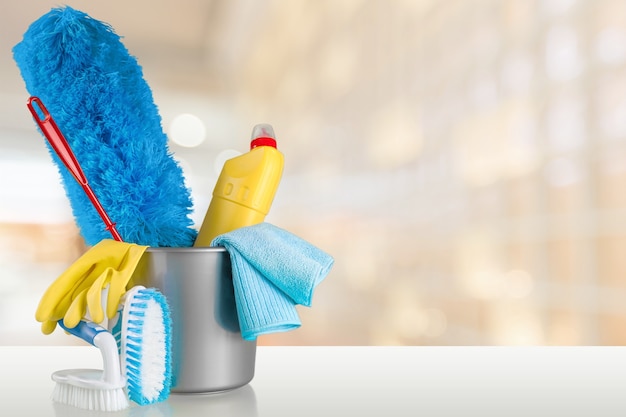 Photo plastic bottle, cleaning  gloves and bucket