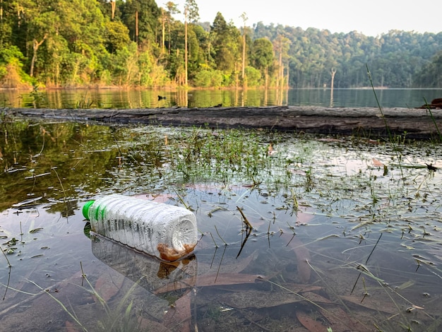 Plastic bottle floating on a lake