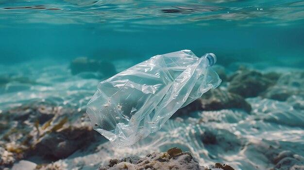 Photo a plastic bottle floats underwater carried by the current