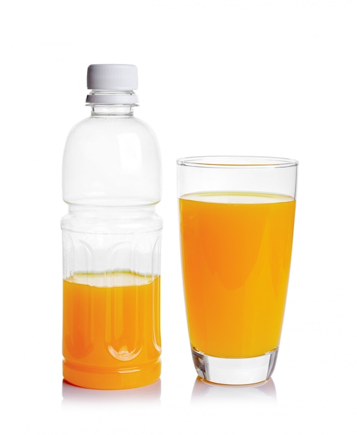 Plastic bottle and glass of orange juice