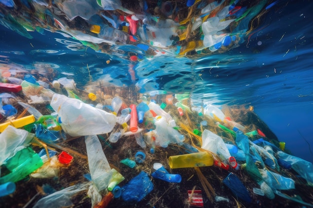 A plastic bottle is floating in the ocean.