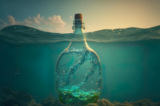 Plastic bottle on the ocean's surface looking down to a causticcovered seafloor