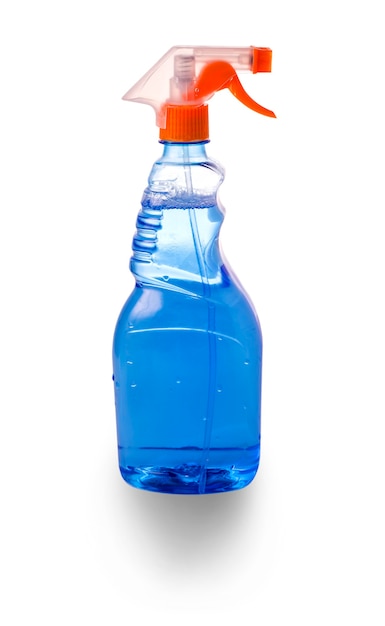 흰색에 파란색 유리 청소기의 플라스틱 병