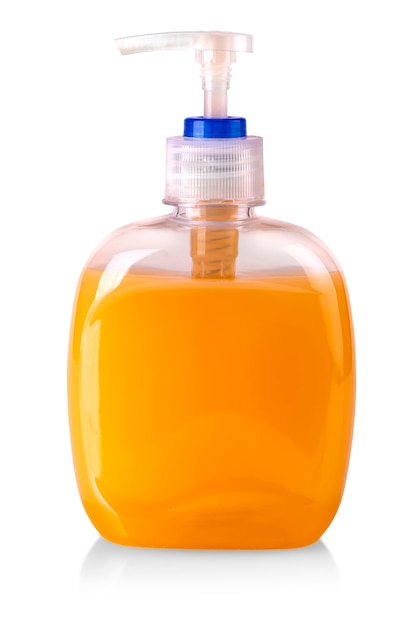 The Plastic bottle of the orange transparent liquid soap