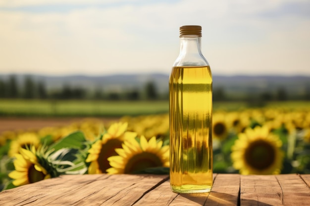 Plastic bottle of sunflower oil on a wooden table with a sunflower field backdrop Generative AI illustration