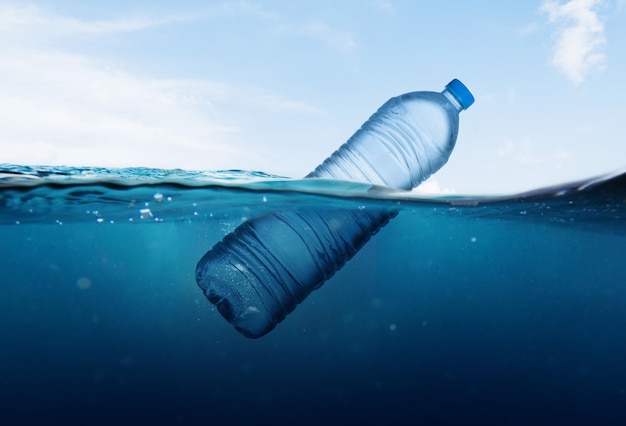 plastic bottle thrown into the sea and floating