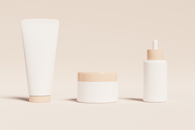 Plastic bottle, tube and jar for cosmetics products on beige surface