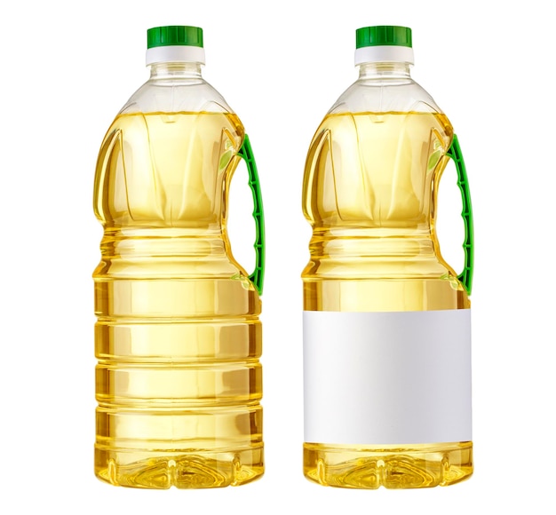 Plastic bottle of vegetable oil insulated on a white background Layout of packaging with a bottle with clipping path