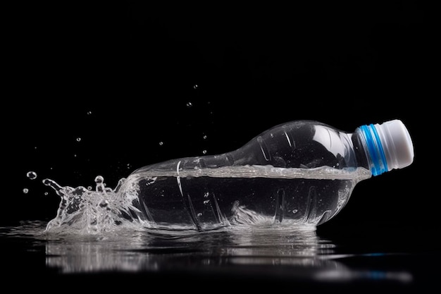 Plastic bottle of water and water splashes on black background