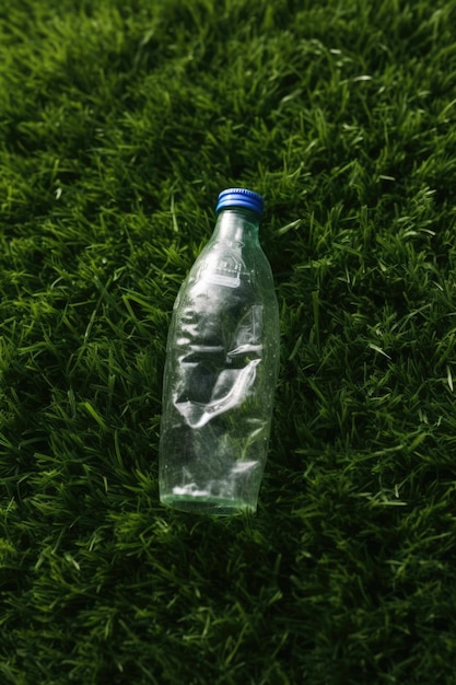 Plastic bottle with blue top on grass background created using generative ai technology