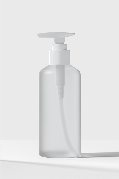 a plastic bottle with a pump on a white surface