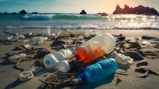 Пластиковые бутылки на пляже при заходе солнца концепция загрязнения