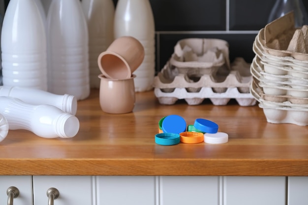 Plastic bottles, colored plastic caps and egg carton boxes on the kitchen. Plastic waste collection