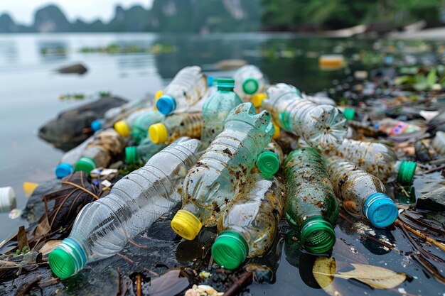 Foto bottiglie di plastica e detriti che inquinano l'oceano contrastano la bellezza della natura e l'impatto umano