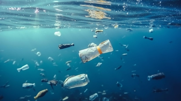 Фото Пластмассовые бутылки, плавающие в океане
