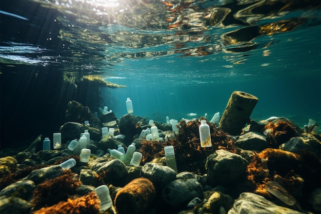 Plastic bottles litter ocean exemplifying ecological disruption and environmental pollution