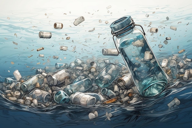 Photo plastic bottles and microplastics floating in the ocean