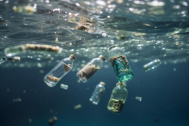 Photo plastic bottles and microplastics floating in the ocean