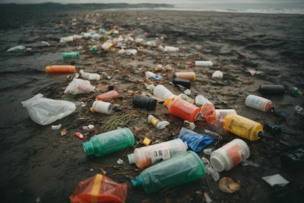 Пластиковые бутылки и пластиковые пакеты на пляже Концепция загрязнения