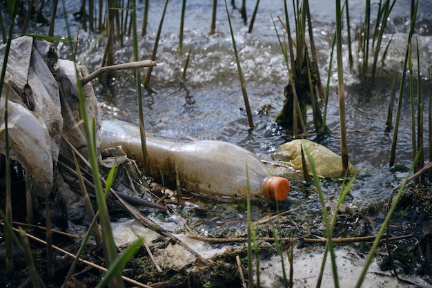 플라스틱 병 비닐 봉지와 인간 쓰레기가 강둑에 버려졌다 오염 된 담수 저수지 및 강