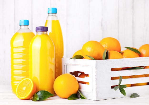 Plastic bottles of raw organic fresh orange juice