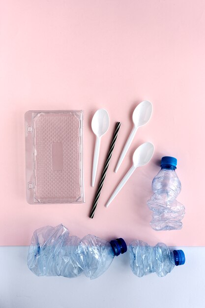 Plastic bottles to recycle. Knolling 