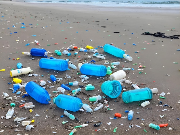 海の近くの砂の上にあるプラスチックボトル