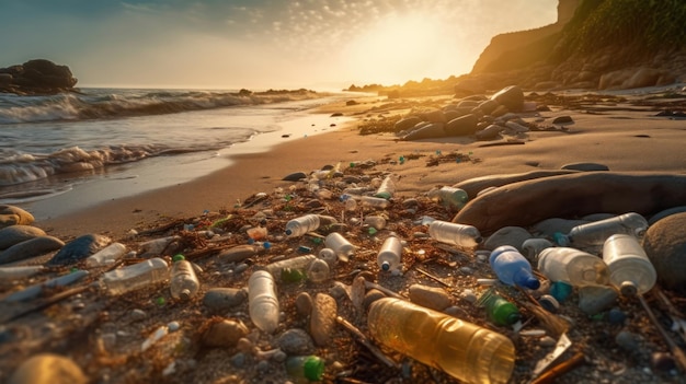 Plastic bottles and trash on the beach