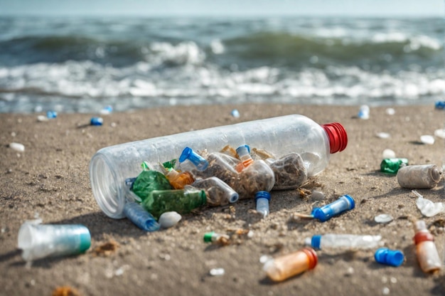 Plastic bottles and waste washed up on a beach Micro plastic sea pollution Generative AI