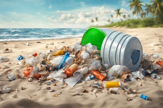 Plastic bottles and waste washed up on a beach Micro plastic sea pollution Generative AI