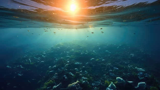 Plastic bottles and waste washed up on a beach micro plastic sea pollution generative ai