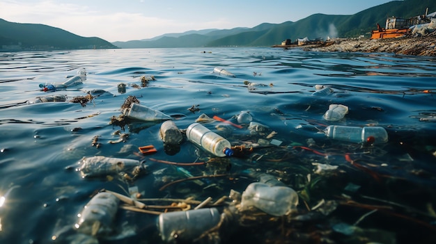 plastic bottles in the water