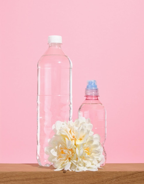 Plastic bottles with clean drinking water on a pink background Water bottles for healthy lifestyle