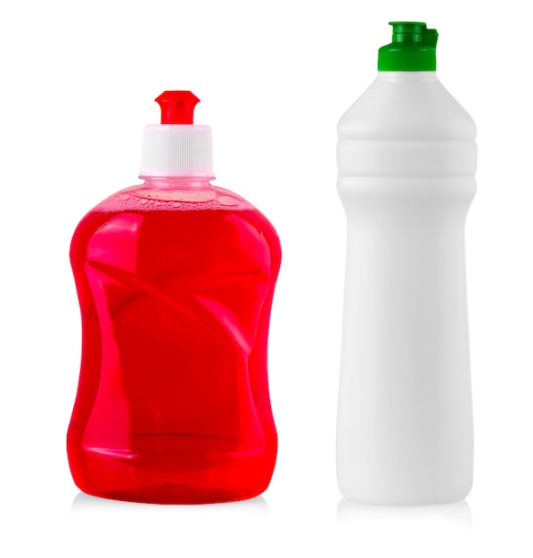 Plastic bottles with liquid laundry detergent, cleaning agent, bleach or fabric softener.