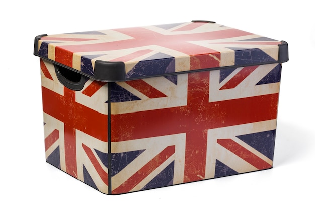 Plastic box with UK flag isolated on white background