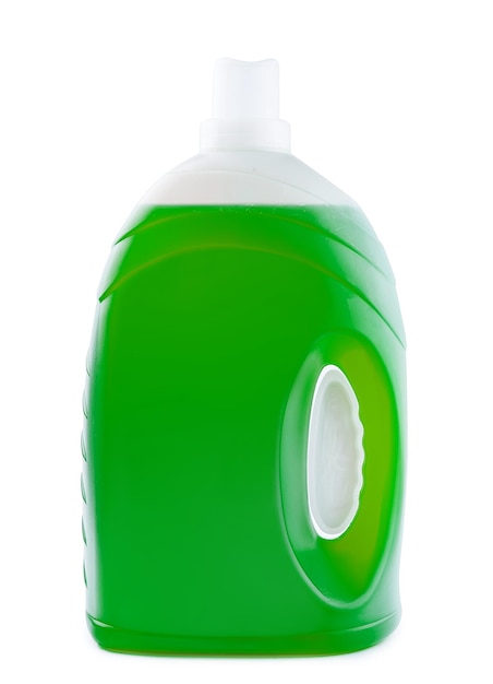 Plastic clean bottle full with green detergent