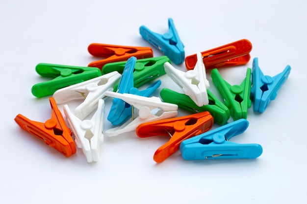 Plastic clothespin on white background.