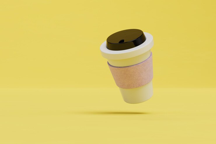 Photo plastic coffee cup on a yellow background copy paste copy space 3d render