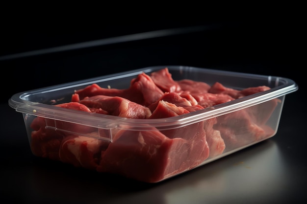 A plastic container of beef with the word beef on it.