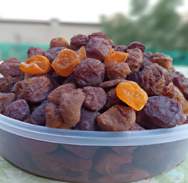 A plastic container of dried fruit sits on a table.