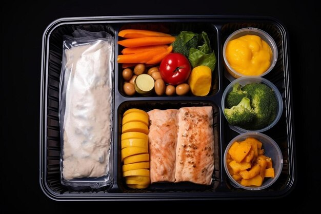 a plastic container filled with different types of food