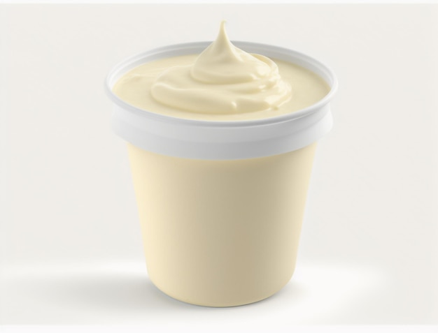 A plastic container of mayonnaise sits on a white surface.