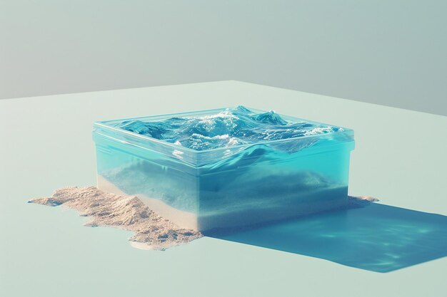 Photo plastic container with sea sand on blue background toned