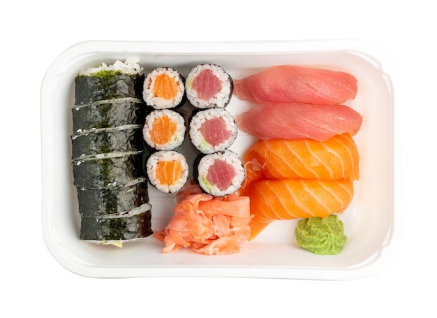 Photo plastic container with sushi set isolated