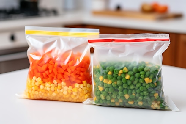 Plastic containers and bags with different frozen vegetables in refrigerator