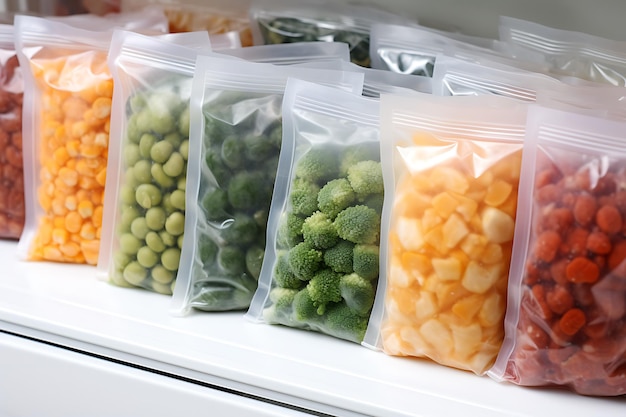 冷蔵庫にある様々な冷凍野菜を入れたプラスチックの容器や袋